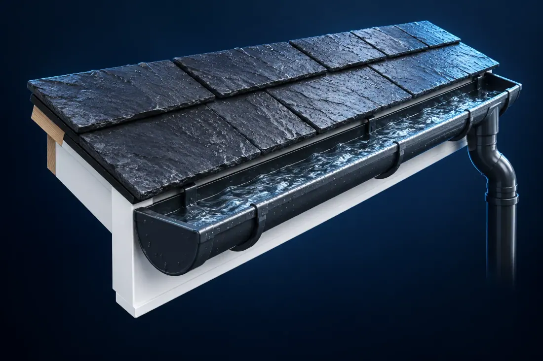 Cutaway illustration of a slate roofline: gutter running clear into the downpipe, with the fascia board beneath.